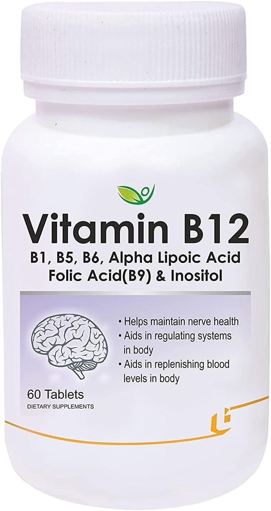 Verem Nutraceuticals Vitamin B12 ile B1, B5, B6, B9 (Folic Acid), Alfa Lipoic Asit ALA & Inositol Supplements | Enerji Yönetimi | Antioksi | 60 Tabletler