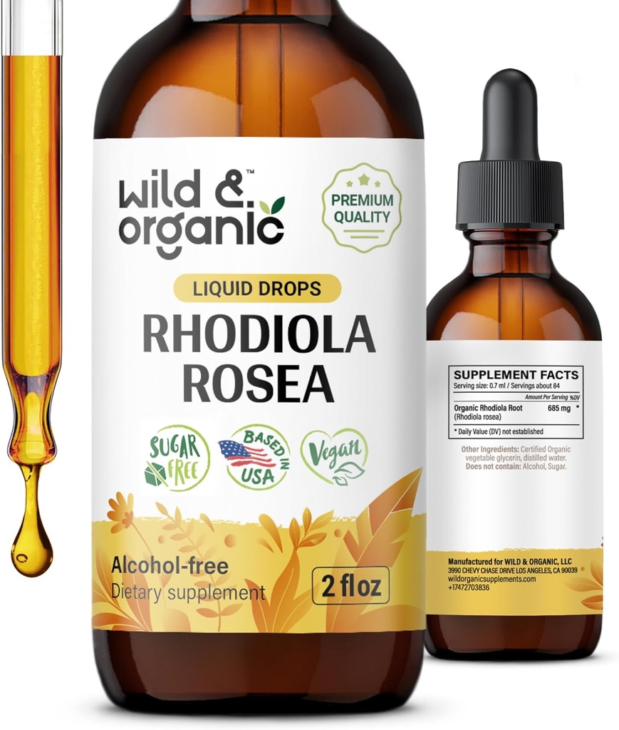 Wild & Organic Rhodiola Rosea Tincture - Mood Support - Relaxing Rhodiola Supplement - Root Extract Liquid Drops - Vegan, Sugar & Alcohol-Free - 2 fl oz