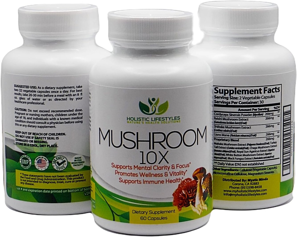 Mushroom 10X Mushroom Kompleksi 10in-1 Supplement 1330 mg 60 Capsules w/Lions Mane Supports Focus & mentalty,Vitality, Mood Advancedment & Immune Support
