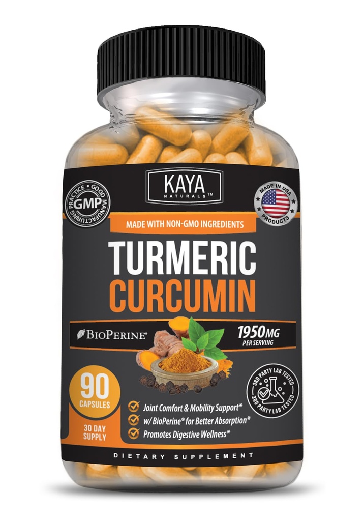 Kaya Naturals Turmeric Platinum, 60 Kont Capsules, Bioperine, Premium Support with 95 Standardized Curcuminoids - 60 Capsules