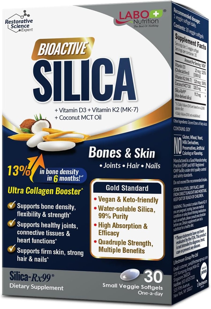 LABO Beslenme Biyoaktif Silica | Vegan Güçlü Ortak, Bones & Health Collagen Production, Glowing Skin, Güçlü Saç & Nails |% 99 Saf Rice-Derived Silica Supplement, 30 Vegan Softgel