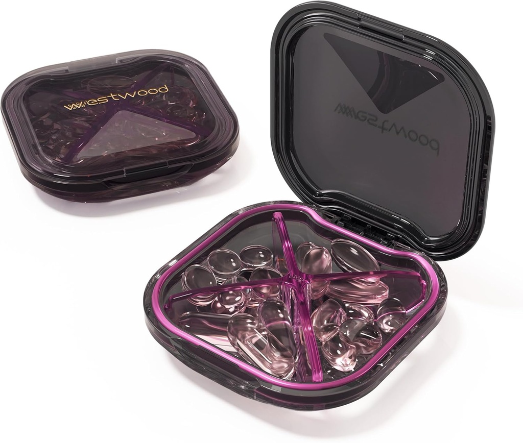 1 Pack Μικρό Purple Pill Organizer, 4 διαμερίσματα, Compact Stylish Cute Travel Camping Pill Box Καθημερινής Ιατρικής Pill Case, Φορητή και υγρασίας για την αποθήκευση βιταμινών, φαρμάκων και συμπληρωμάτων