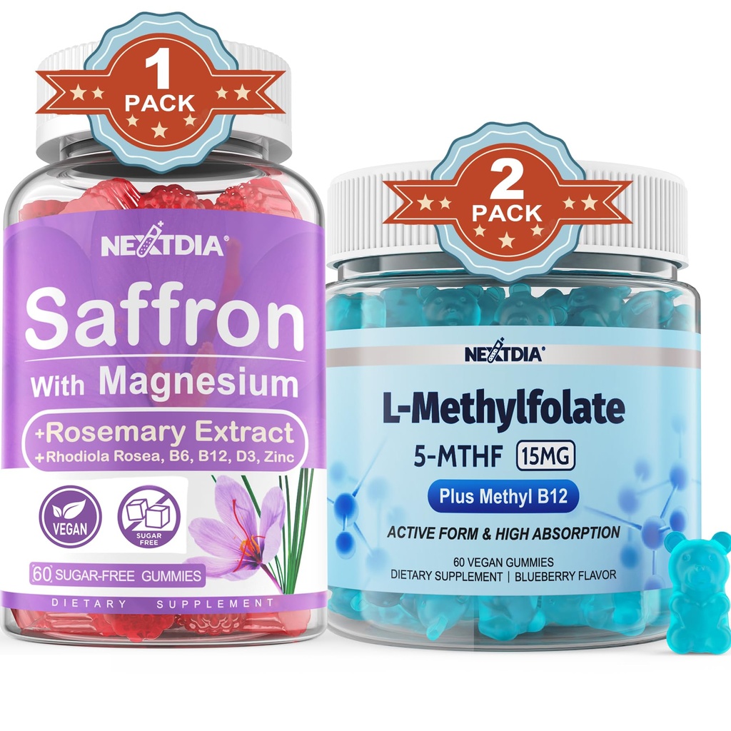 Nextdia Magnesium Glycinate + L-MethylFolate 15mg & Methyl B12 Gummies, 3 Pack