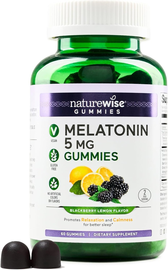 NatureWise Melatonin Gummies 5mg - Ashwagandha, Valerian Root - BlackBerry-Lemon Flavor - Vegan, Gluten Free, Non-GMO - 60 Count[30-Day Supply]