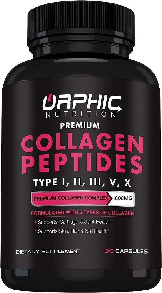 ORPHIC NUTRITION Collagen Capsule Capsules for Women,1800 mg Multi Collagen Pills Tipleri I, II, III, V, X - Supports Digestive HealthKeeping Güçlü Ortaklar, Tendons, Ligaments and Muscles* 90 Caps