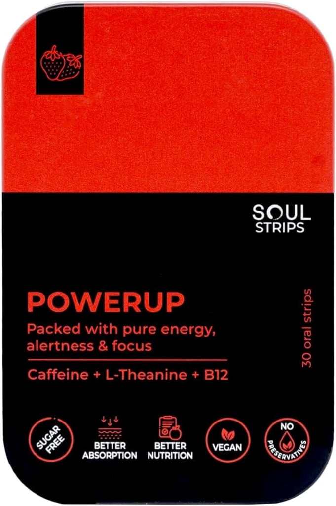 Soul Strips Power Up - Workout + Energy Oral Strips with Caffeine, L-Theanine, Vitamin B12, Strawberry Flavor, Geliştirilmiş Metabolism, Quick Absorb, Daily Use, Zero Sugar, Vegan, 30 Strip