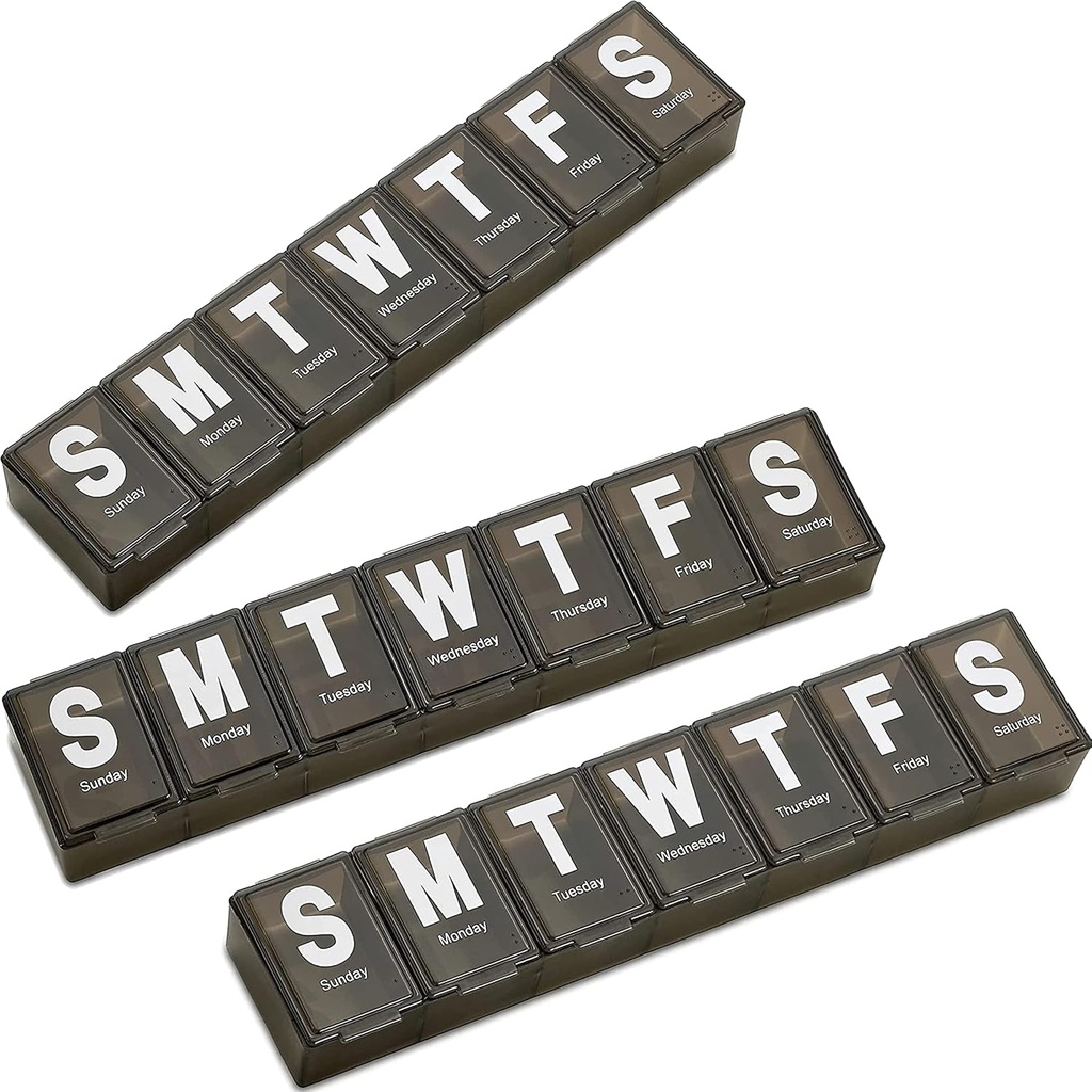 Haftalık Pill Organizer - (Pack of 3) Ekstra Büyük Vitamin Konteynerleri Kolay Mektupları Okumak için, Domuz Ücretsiz - Günlük Seyahat 7 Günlük İlaç Pill Box Örneği (Black)