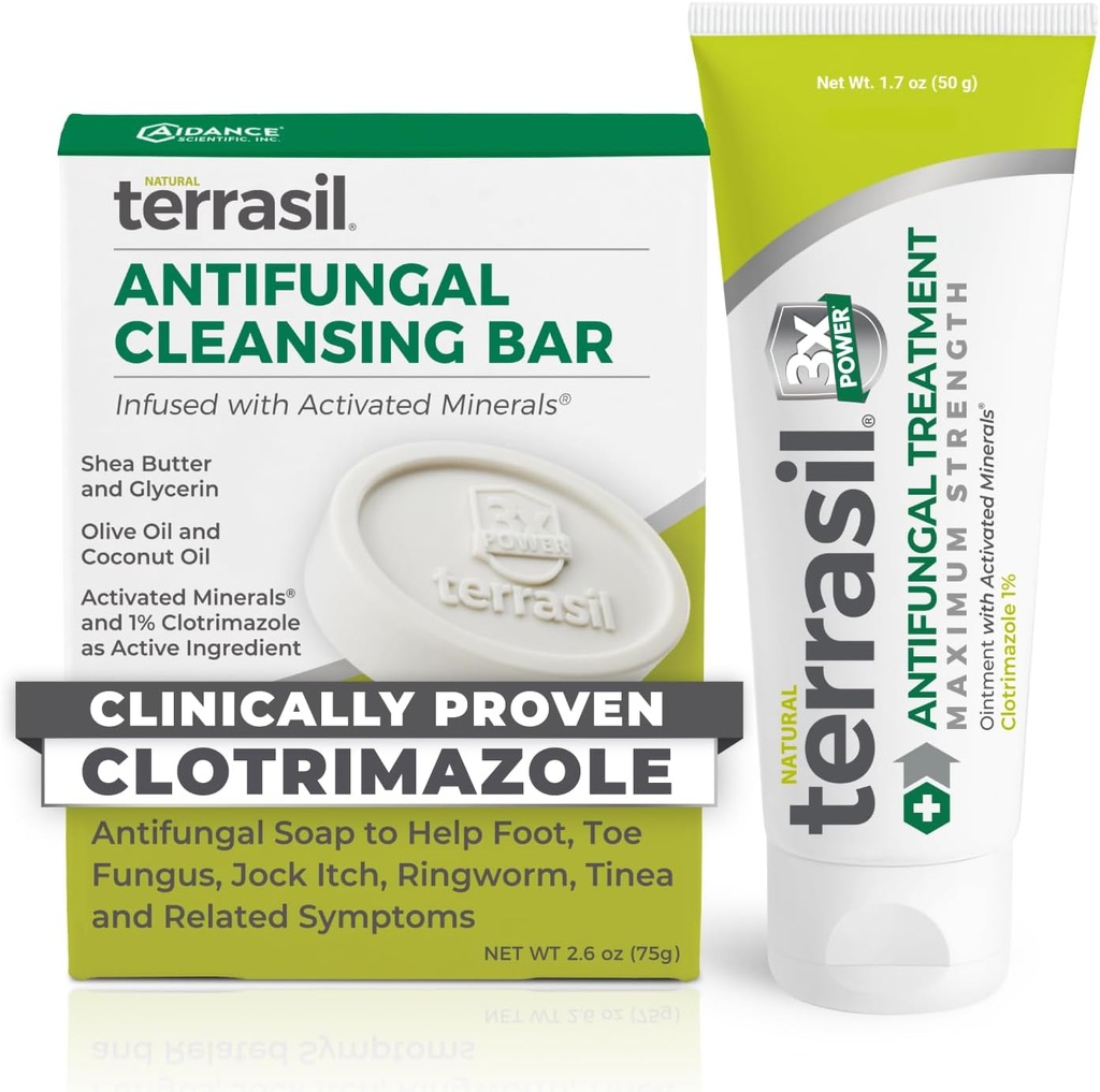 terrasil Αντιμυκητιασική Κρέμα + Αντιμυκητιασικό σαπούνι 2- Κιτ προϊόντων Κλινικά-Proven Clotrimazole Αποτελεσματική Θεραπεία & Ανακούφιση: Jock Itch Αθλητές Πόδι Μυκητιασική Μύκητες Μόλυνση Μύκητες (50g Tube & 75g bar)