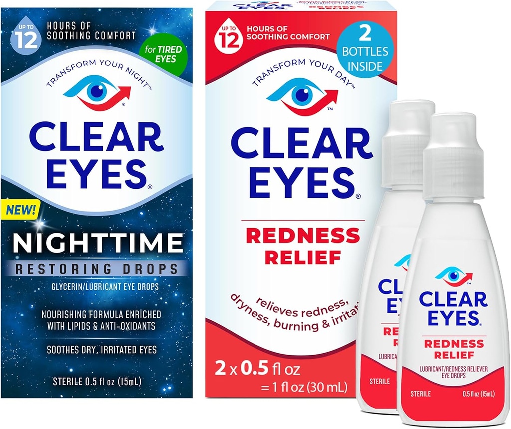 Clear Eyes Nighttime Restoring Eyes Drops, Nighttime Relief Kuru Eye Drops, 0,5 Fl Oz + Clear Eyes Redness Relief Eye Drops, 0,5 oz, Dual Pack