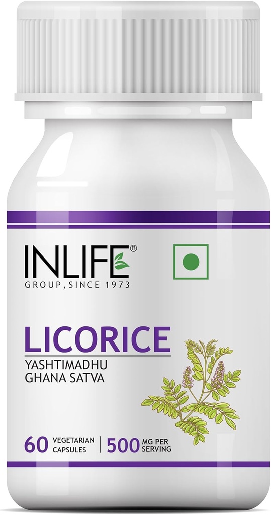 INLIFE Licorice Root Extract (Yasthimadhu) >20% Glycyrrhizinic Acid Supplement, 500 mg - 60 Vegetarian Capsules