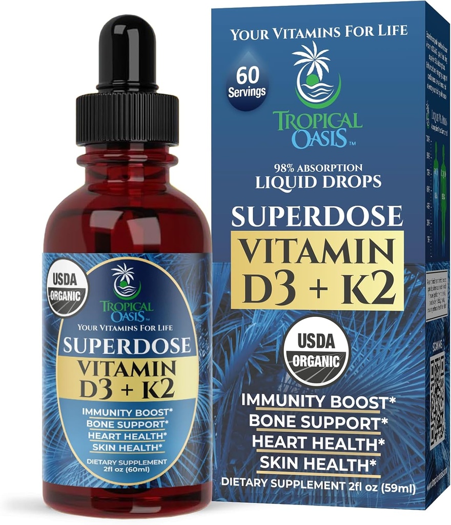USDA Organik Sıvı Vitamin D3 K2 Yetişkinler için Merdiven | Superdose 8000IU Pure Vitamin D3 | 60 Serv | Vitamin D K2 Tamam Immune Support & Bone Health | 98 Abxia | Vegan, Non-GMO | 2 Fl Oz