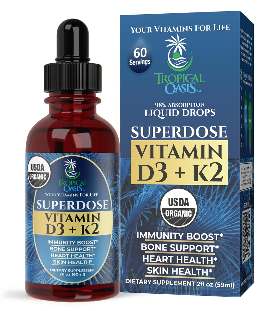 USDA Organik Sıvı Vitamin D3 K2 Yetişkinler için Merdiven | Superdose 8000IU Pure Vitamin D3 | 60 Serv | Vitamin D K2 Tamam Immune Support & Bone Health | 98 Abxia | Vegan, Non-GMO | 2 Fl Oz