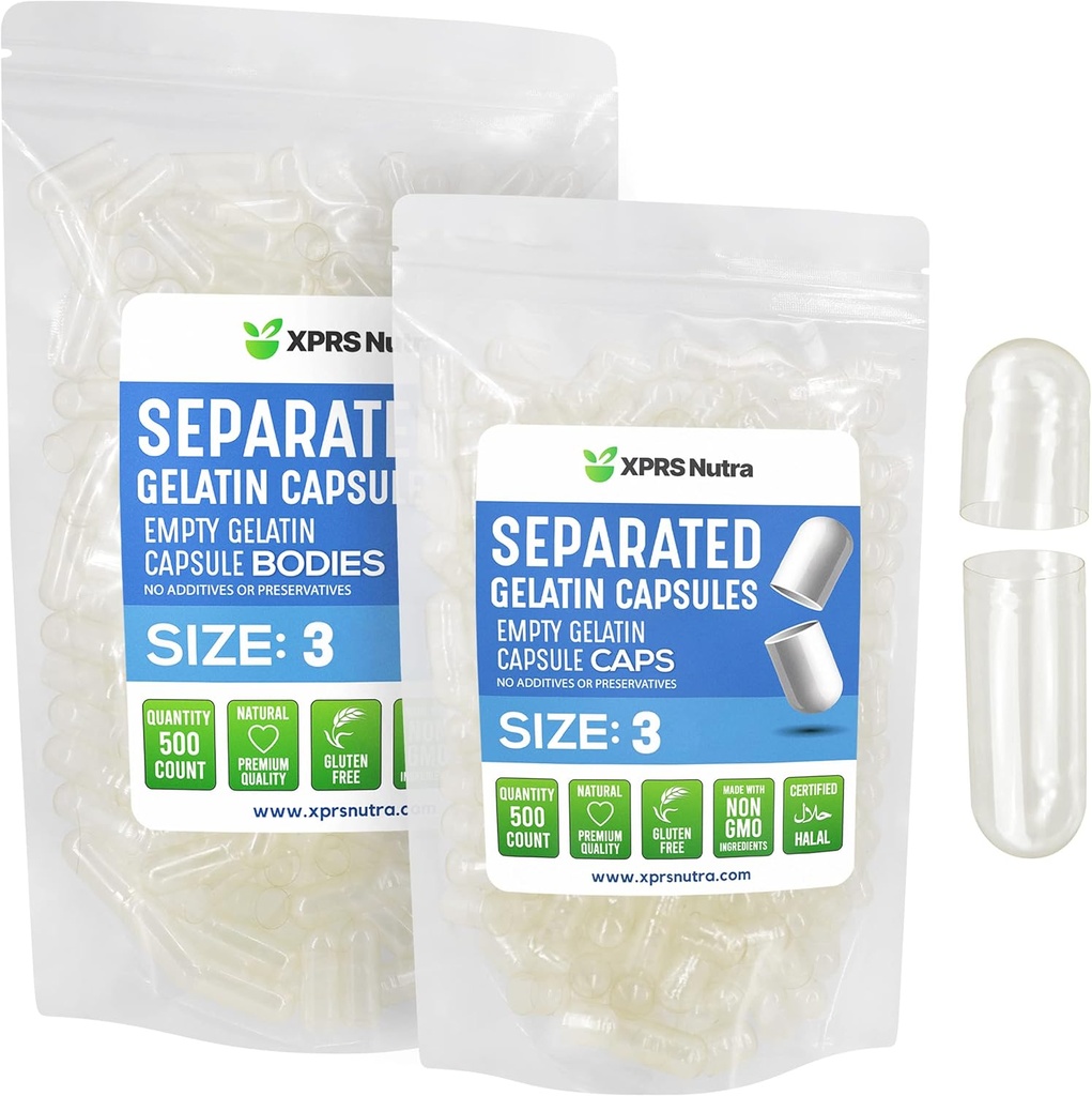 XPRS Nutra Gelatin Μέγεθος 3 Ξεχωριστές κάψουλες - 500 μετρητές κενές κάψουλες χωρίζονται σε τσάντες - μέγεθος 3 χάπια Ζελατίνη πληρώσιμα καπάκια τζελ για να το κάνετε μόνοι σας συμπλήρωμα γεμίσματος