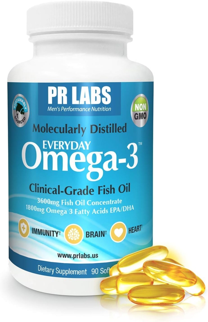 PR Labs - Καθημερινά Ωμέγα-3 Clinical Grade Fish Oil Συμπλήρωμα για τους άνδρες - Προάγει την καρδιά, τον εγκέφαλο, ανοσοποιητικό και κοινή υποστήριξη - Βιώσιμα πηγάζει και μοριακά Αποσταγμένο - 1800mg EPA και DHA - 1 πακέτο