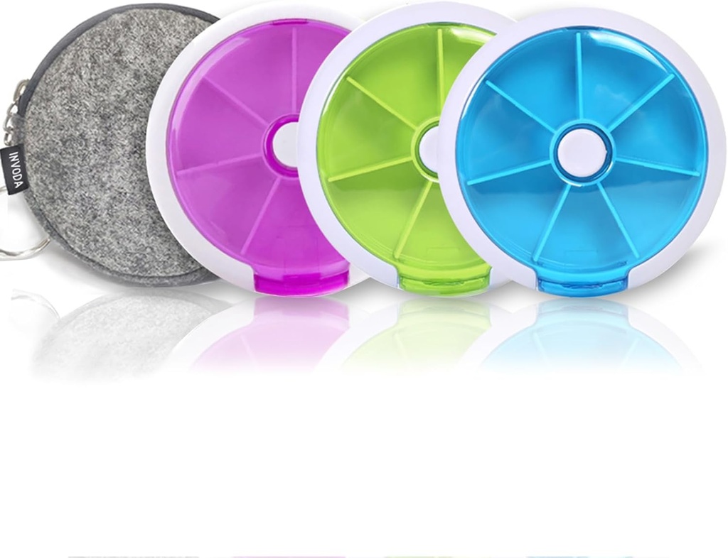 Pill Cases Weekly INVODA Pill Organizer 7 Day 3 Times Medicine Pill Dispenser Push Button Rotate Pill Planner with 7 Compartments (4PCS+Bag)