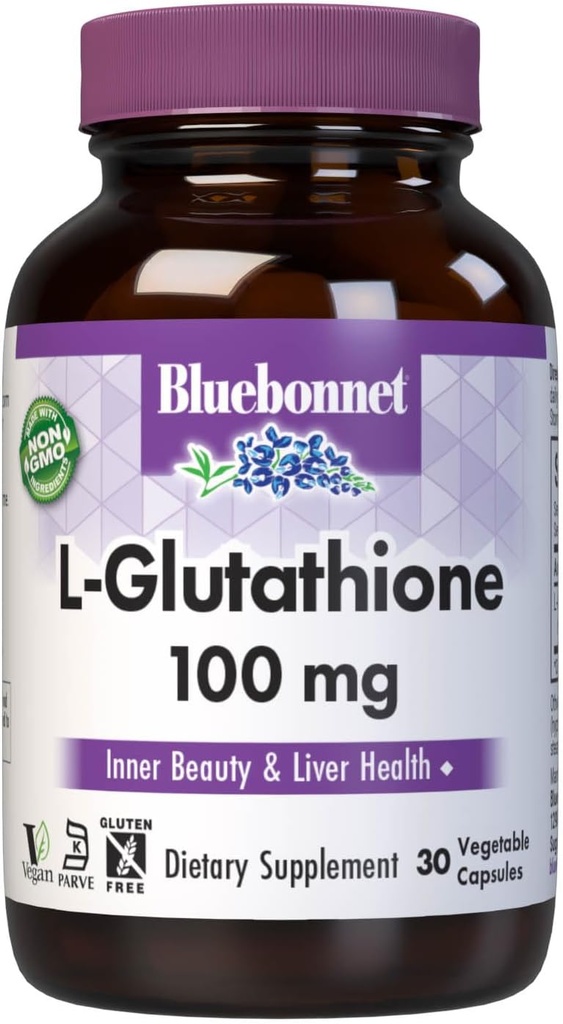 Bluebonnet Beslenme L-Glutathione 100 mg, Free-Form Amino Asit, Free Radikal Koruma, Soy-Free, Gluten-Free, Non-GMO, Kosher sertifikalı, Vegan, 30 Sebze Kapsülleri, 30 Hizmet