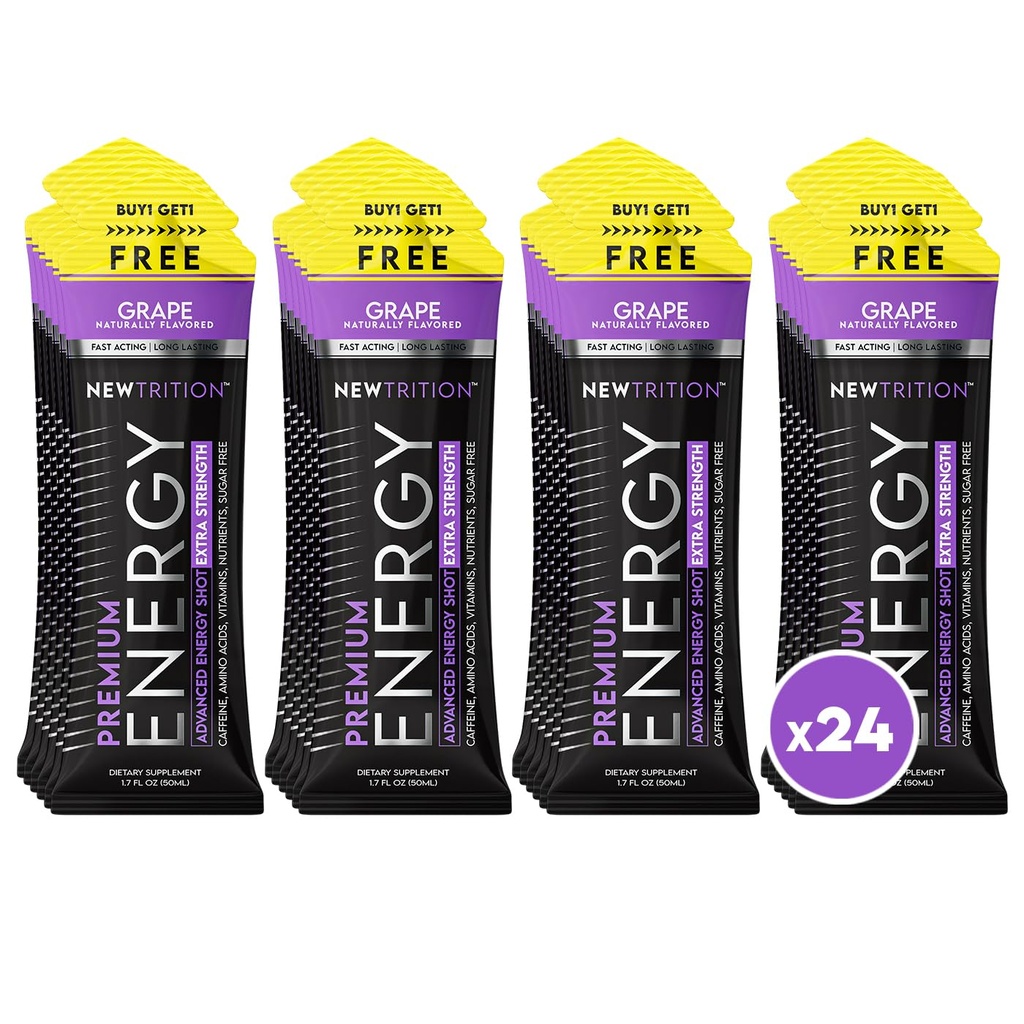 NewTrition® Extra Strength Energy Shots, 250mg Caffeine Energy Shots με Βιταμίνη Β & Αμινοξέα, Sugar-Free Vitamin Energy Shot, 1.7 fl oz (Pack of 24, Grape)