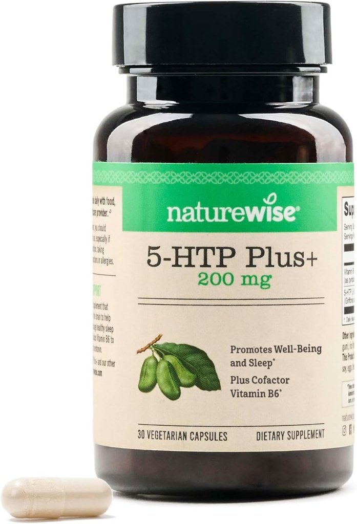 NatureWise 5-HTP 200mg συμπλήρωμα από σπόρους Griffonia με συμπαράγοντα βιταμίνης B6 - Υποστήριξη Mood και Φυσική Βοήθεια για τον Ύπνο για Ενήλικες - Καθυστέρηση-Αφαίρεση, Vegan - 30 Count[1-Month Supply]