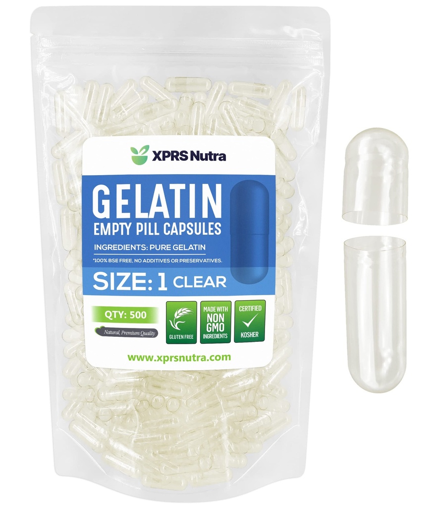 XPRS Nutra Μέγεθος 1 Κενές κάψουλες - 500 Count Empty Gelatin Κάψουλες - Χάπια DIY Καψάκιο Γέμισμα - Pure Bovine Pill Gel Caps for Do-It-Yourself Συμπληρώματα (Καθαρίστε)