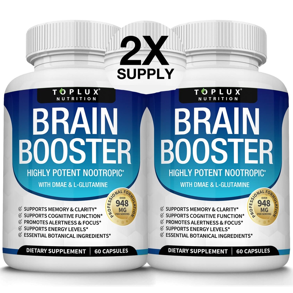 Toplux Συμπλήρωμα εγκεφάλου Nootropic – χάπια εγκεφάλου Βιταμίνη με DMAE, Bacopa Monnieri, L-Gutamine, για άνδρες γυναίκες, 60 κάψουλες, διατροφή