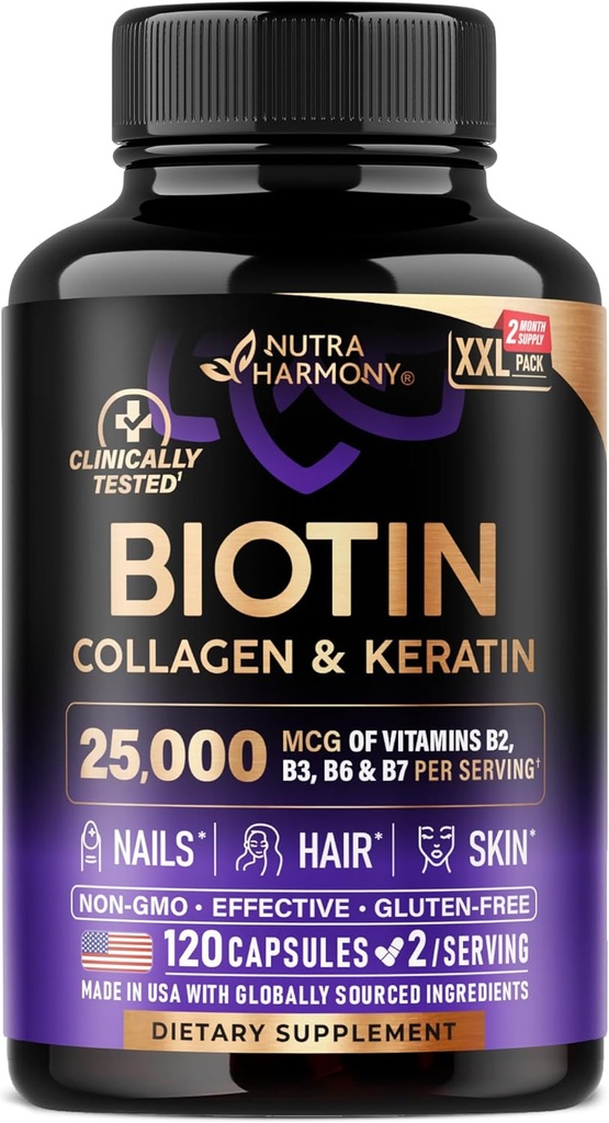 Biotin | Collagen | Hyaluronic Acid | Keratin - Klinik Olarak Tamamlandı - Saç Büyüme Desteği, Skin & Nails - 25000 mcg Vitamins B2, B3, B6 & B7 + B1 - ABD'de Yapıldı - Kadınlar ve Erkekler | 120 Capsules