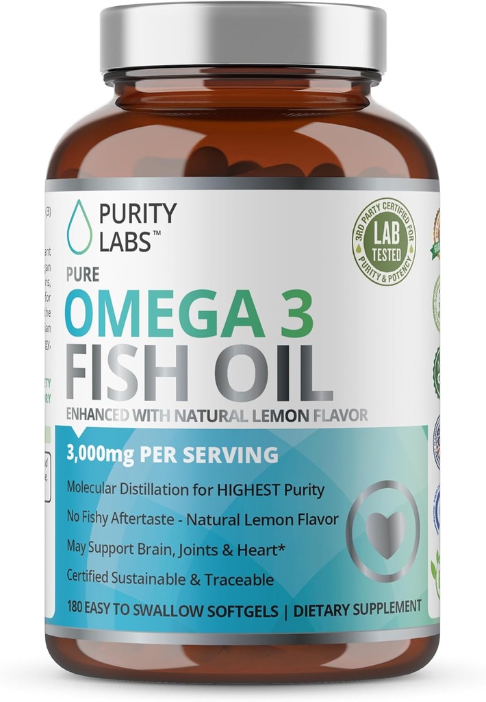 Saf Laboratuvarlar Omega 3 Fish Oil 3000 mg - DHA & EPA Omega 3 Fatty Acid Supplements to Support Heart and Brain Health - Immune Support Supplement - 180 Softgels (60 Hizmet)