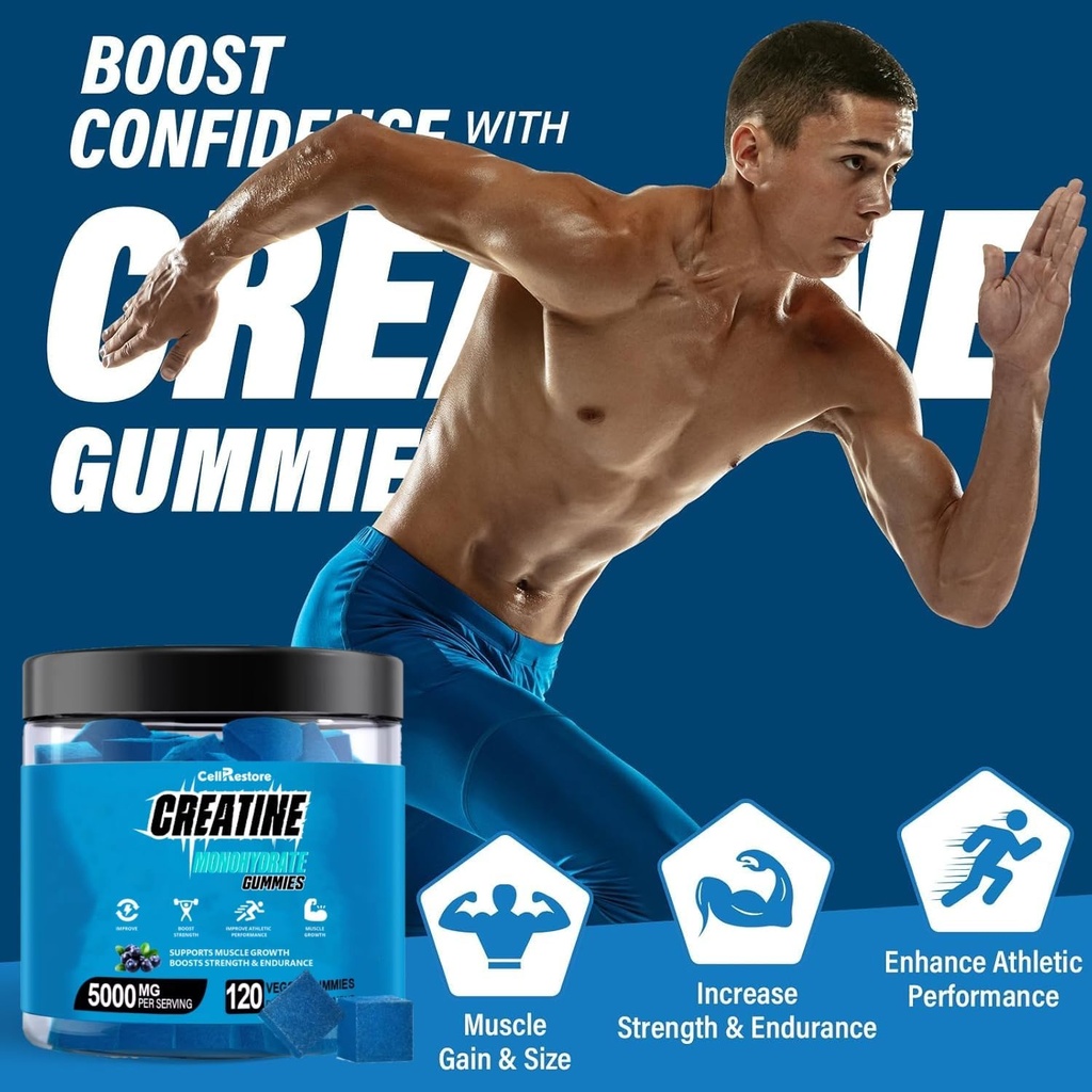 Erkekler ve Kadınlar için Kretine Monohidrat Gummies for Men & Women-5g of Tinatine Monohidrat per Service- Help Artgar Free,Vegan,Blueberry Flavor, 120 Kont