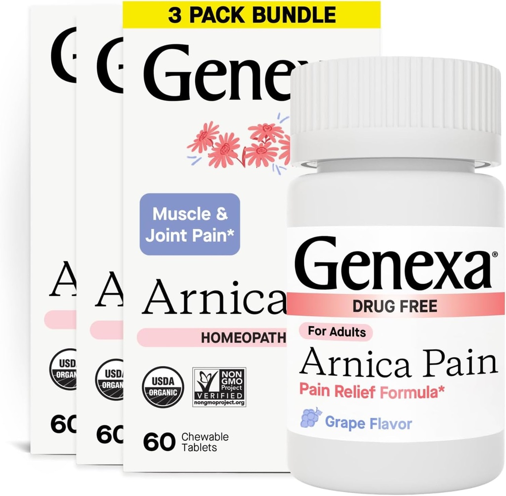 Genxa Arnica Pain Relief Formula için Tabletler | Alleviate Kas & Ortak Ağrı, Soreness, & Stiffness | Delicious Organic Grape Flavor | Homeopathic Remedy Made Clean | 300 Chewable Tabletler (3 Pack)