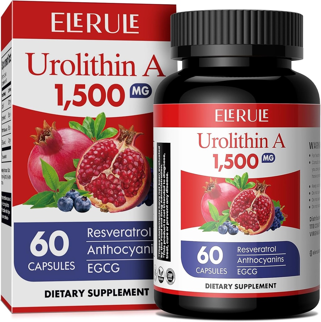 Urolithin A Supplement 1000 mg Plus Trans-Resveratrol, Anthocyanins, Green Tea, Sağlıklı Ağlama, Destek Hücreleri ve Enerji Erkekler ve Kadınlar için 60 Capsules ve Enerji, 60 Capsules