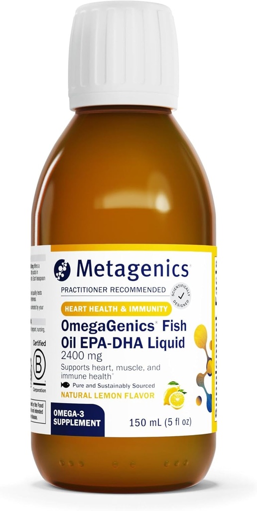 Metagenics OmegaGenics EPA-DHA 2400 mg - Yüksek Potency Liquid Fish Oil Supplement for Heart Health & Immune Support* - Sustainable Sourced - Lemon Flavor - Non-GMO & Gluten-Free - 30 Servisler