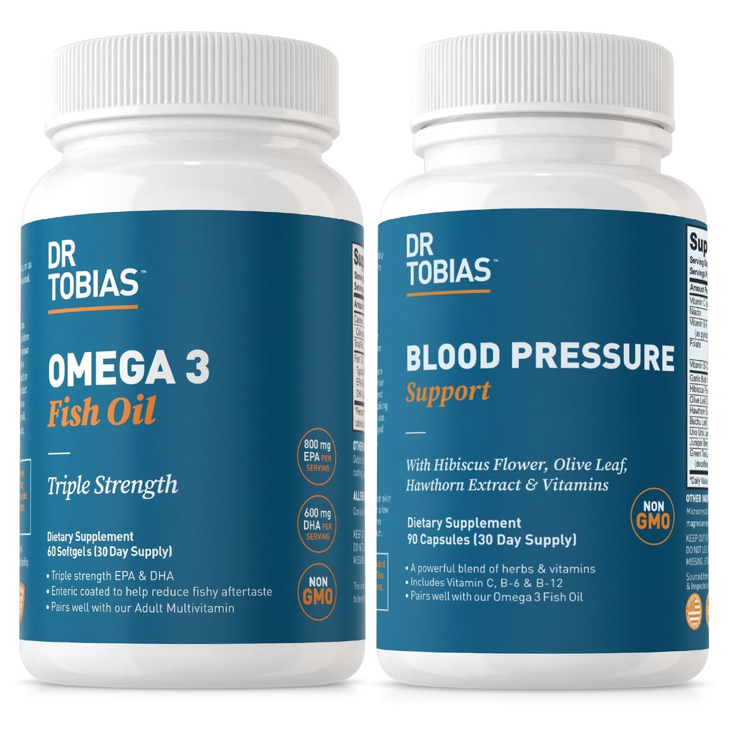 Dr. Tobias Omega 3 Fish Oil & Blood Pressure Support Supplements for Heart, Brain, Immune, Circulatory Health, with Vitamin C, B6, B12, Niacin, Folate & Herbs