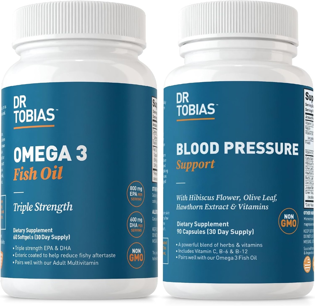 Dr. Tobias Omega 3 Fish Oil & Blood Printing Support Supplements for Heart, Brain, Immune, Circulatory Health, C, B6, B12, Niacin, Folate & Herbs