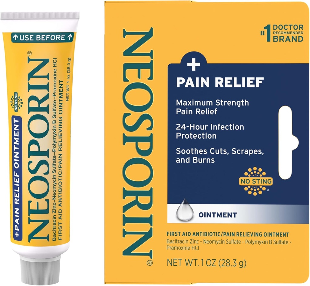 Neosporin + μέγιστης έντασης τριπλή αντιβιοτική αλοιφή με ανακούφιση του πόνου, διπλής δράσης πρώτης βοήθειας φροντίδα τραύματος, μη-στινγκ Formula με Pramoxine HCl, Bacitracin Zinc, 1 oz ενιαίο σωλήνα