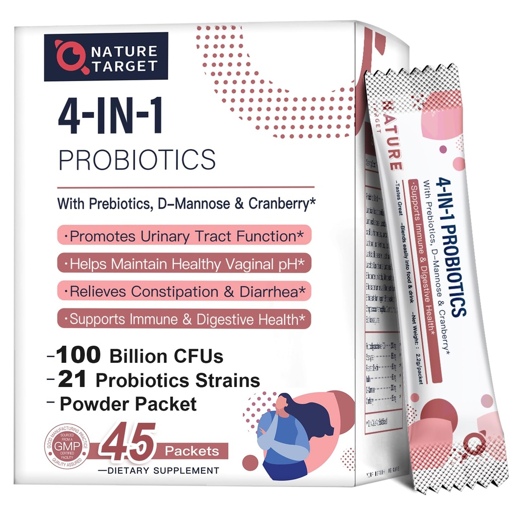 NAT TARGET Probiyotiks-for- Women Prebiyotiks-and-Probiyotiks-Powder, 100-Billion-CFUs 45-Day-Supply, Women's-Probiyotik with D-Mannose and Cranberry for Urinary Tract/Gut/Digestive Health