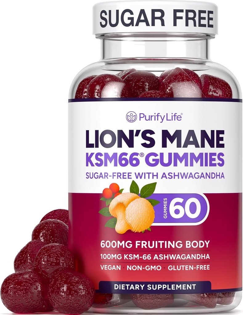 Sugar Free Lions Mane Supplement Gummies with KSM-66 Ashwagandha - Nootropic Supplement for Cognition, Brain Fog, Mental Clarity, Focus & Stress Support - Natural Berry Flavor, Vegan, Made in USA