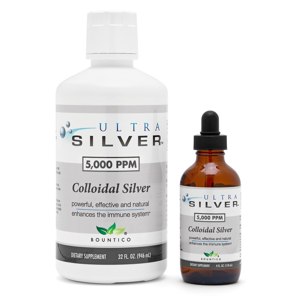 Ultra Silver® Colloidal Silver | 5.000 PPM, 32 Oz (946mL) | Mineral Tamam | Gerçek Colloidal Silver - 4 oz Dropper Şişe (Empty) Dispensing için dahil!