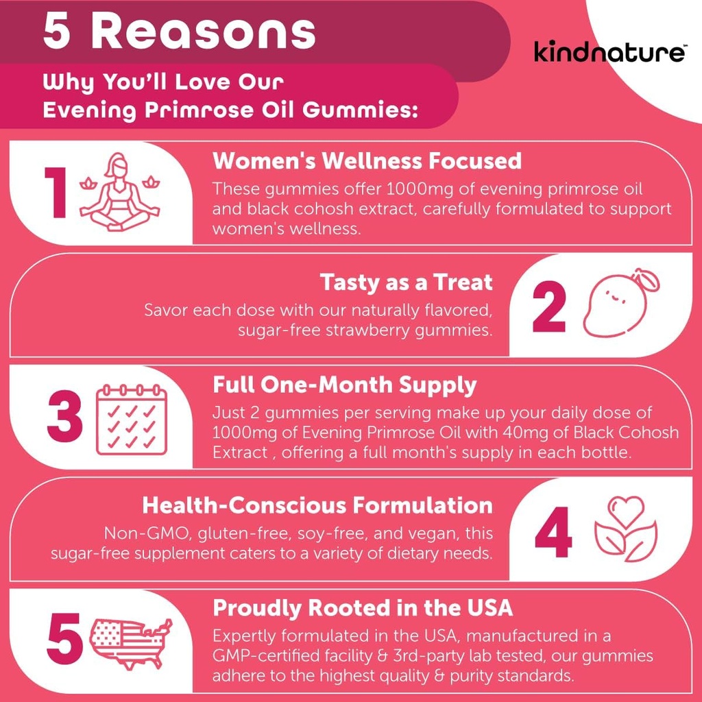 Kadınlar için Primrose Oil Gummies – Black Cohosh Extract ile 1000 mg – Hormonal Denge, PMS & Menopause Support – Vegan, Sugar-Free, Non-GMOMO