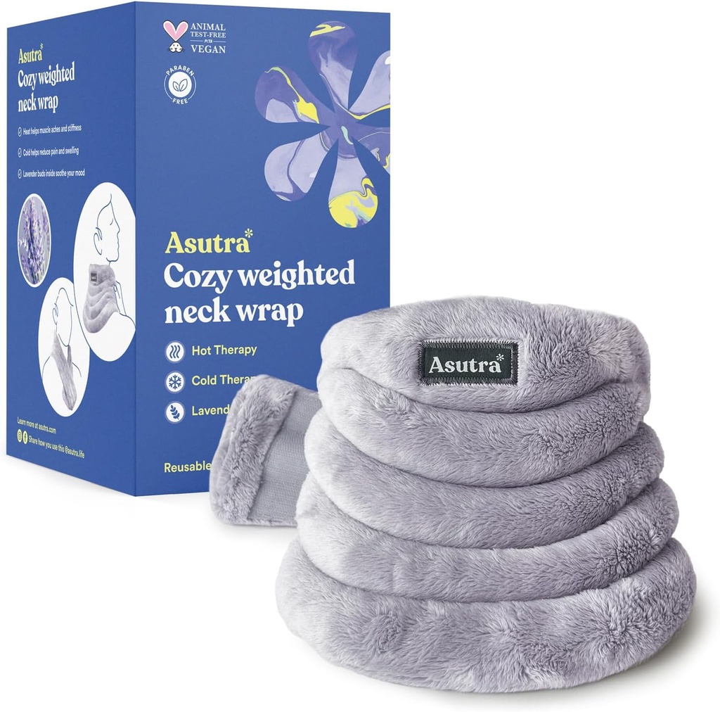 ASUTRA Weighted Neck Wrap, Plush Gray - Hands-free Βάση θέρμανσης μικροκυμάτων για λαιμό και ώμους, ζεστό και κρύο συμπίεση, Αρωματοθεραπεία λεβάντα