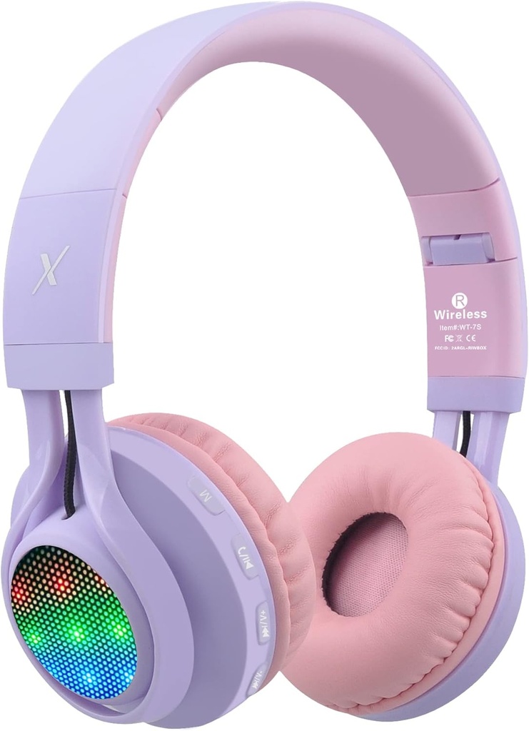 Riwbox WT-7S Τα παιδιά Bluetooth ακουστικά Light Up, αναδιπλούμενα Stero ασύρματα ακουστικά, με μικροφώνο και τον έλεγχο έντασης, άνετο και ανθεκτικό, για PC/Tablet/TV/Travel(Purple)