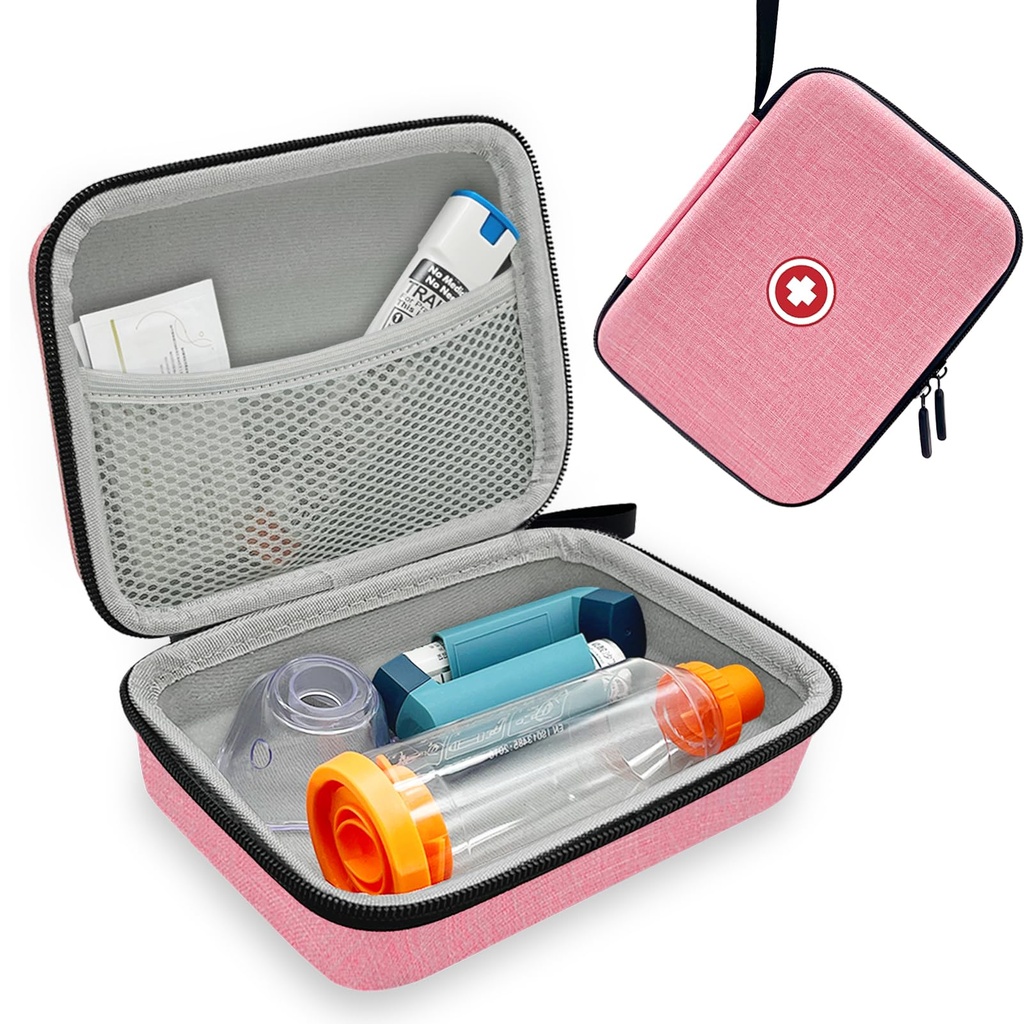 Çocuklar ve Yetişkinler için Hard Inhaler Spacer Case, Asthma Inhaler Case with Me Pocket for Medicine and Other Aksesuarları, Pink (Bag Only)