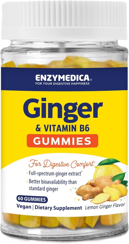 Enzymedica, Ginger & Vitamin B6 Gummies, Occasional Nausea & Indigestion, High Potency, Equivalent to 200 mg Ginger Extract, 60 Count