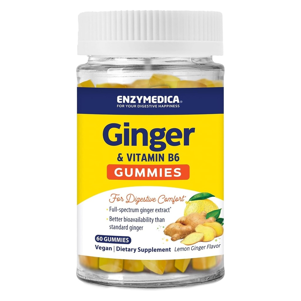 Enzymedica, Ginger & Vitamin B6 Gummies, Occasional Nausea & Indigestion, High Potency, Equivalent to 200 mg Ginger Extract, 60 Count