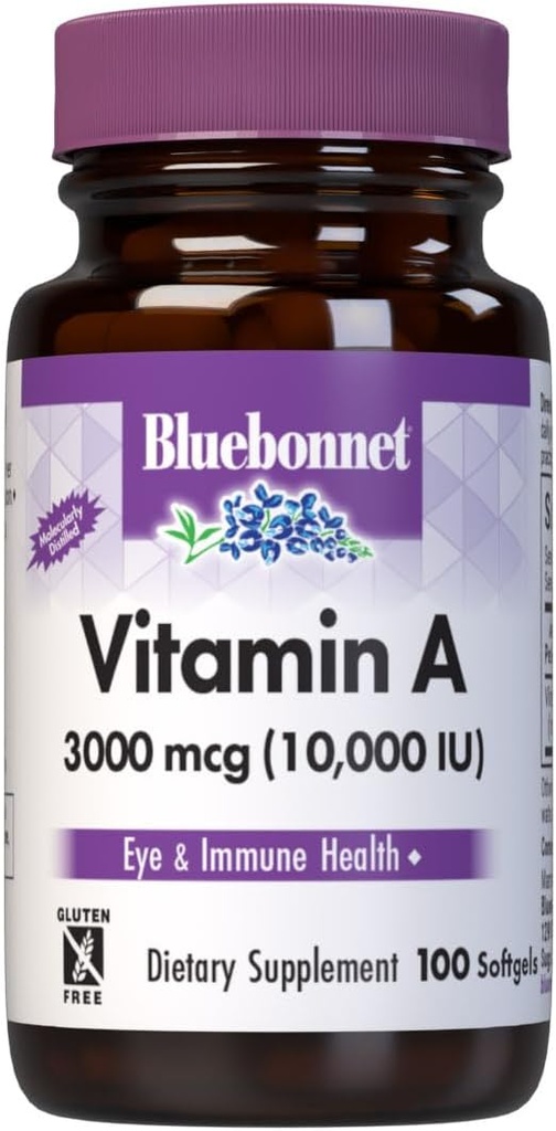 Bluebonnet Διατροφή Βιταμίνη Α 10.000 IU από τη βαθιά θάλασσα, το κρύο νερό, το ιχθυέλαιο - Για την υγεία των ματιών & την ανοσοποιητική λειτουργία* - Χωρίς γλουτένη - Χωρίς γαλακτοκομικά - Μοριακά Αποσταγμένο - 100 Softgels - 100 Servings