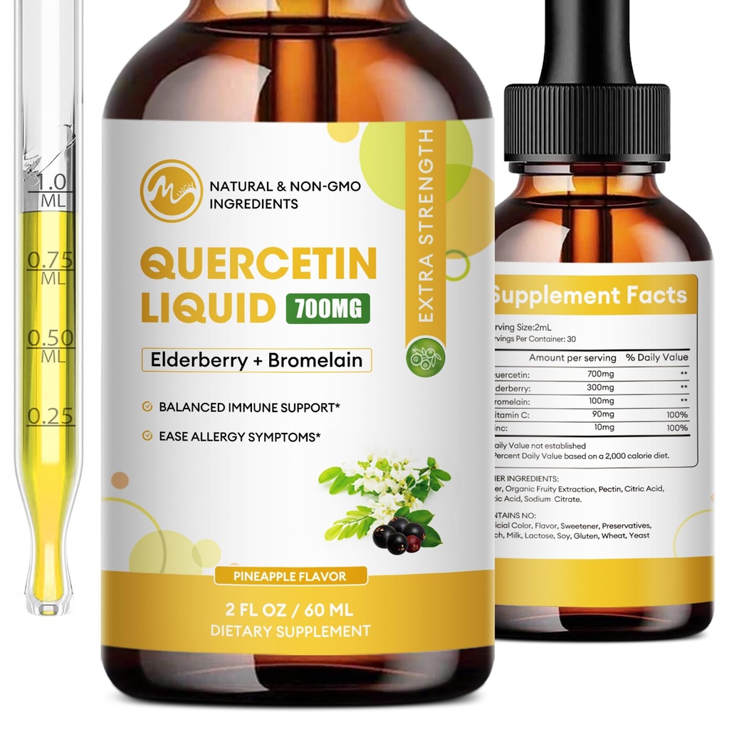 Quercetin Liquid Drops - Quercetin Supplements 700 mg - 4X Pills & Capsules - 1 Quercetin with Bromelain Elderberry Vitamin for Immunity Health Respiratory Health Skin Care- 2 Fl Oz