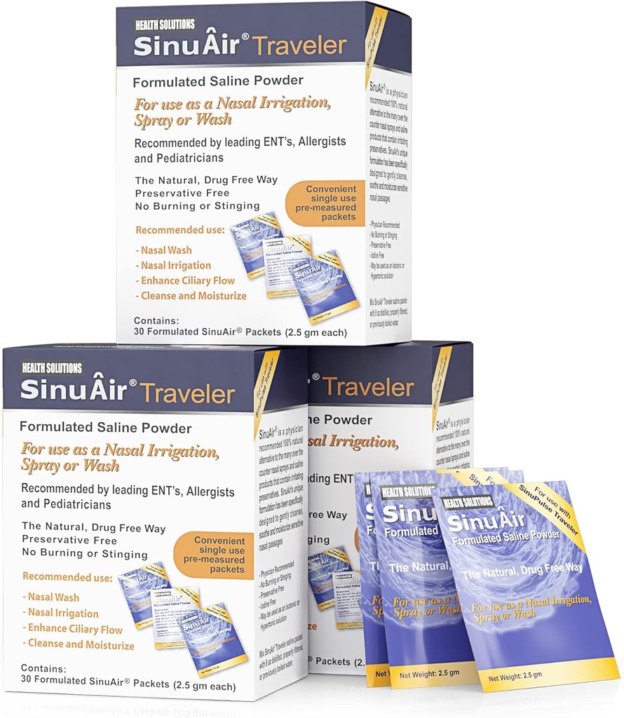 SinuAir 2.5 Gram Saline Packets - Χλωριούχο Νάτριο με Κάλιο & Ασβέστιο, Αλάτι Διαλύματα Powder Refill Packs για Nasνική Αρδευτική Μηχανή, 90 Packets