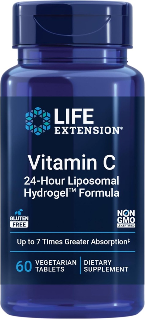 Επέκταση ζωής Βιταμίνη C 24-Hour Liposomal HydrogelTM Formula, απορροφά καλύτερη από την τυπική βιταμίνη C, έως και 24 ώρες, πάρτε το περισσότερο από τη βιταμίνη C σας, χωρίς γλουτένη, μη- ΓΤΟ, χορτοφάγους, 60 δισκία