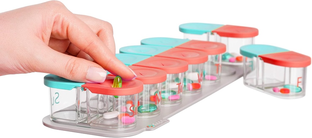 Sagely Smart XL Haftalık Pill Organizer AM/PM - Tıp Depolama Hatırlatıcı Alarm Uygulaması ile Organize Edici (Balık Balık Yağı, Cod Liver Oil, D Supplements & Vitamins) (Mint/Coral)