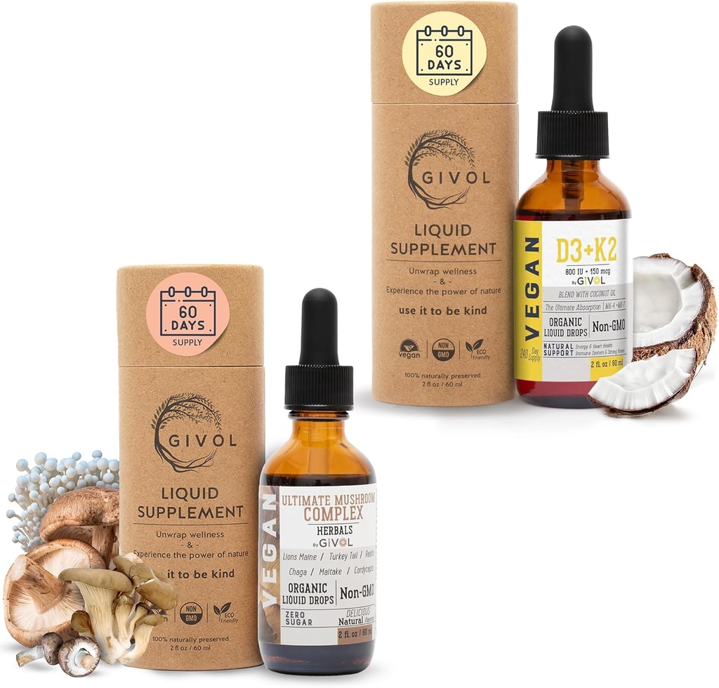 Ultimate Mushroom Kompleksi Sıvı D3 + K2 (MK4 & MK7) Doğal Yaşam için: Plant-Based, Vegan Formula Fractionated Coconut Oil - Supports and Daily Vitality