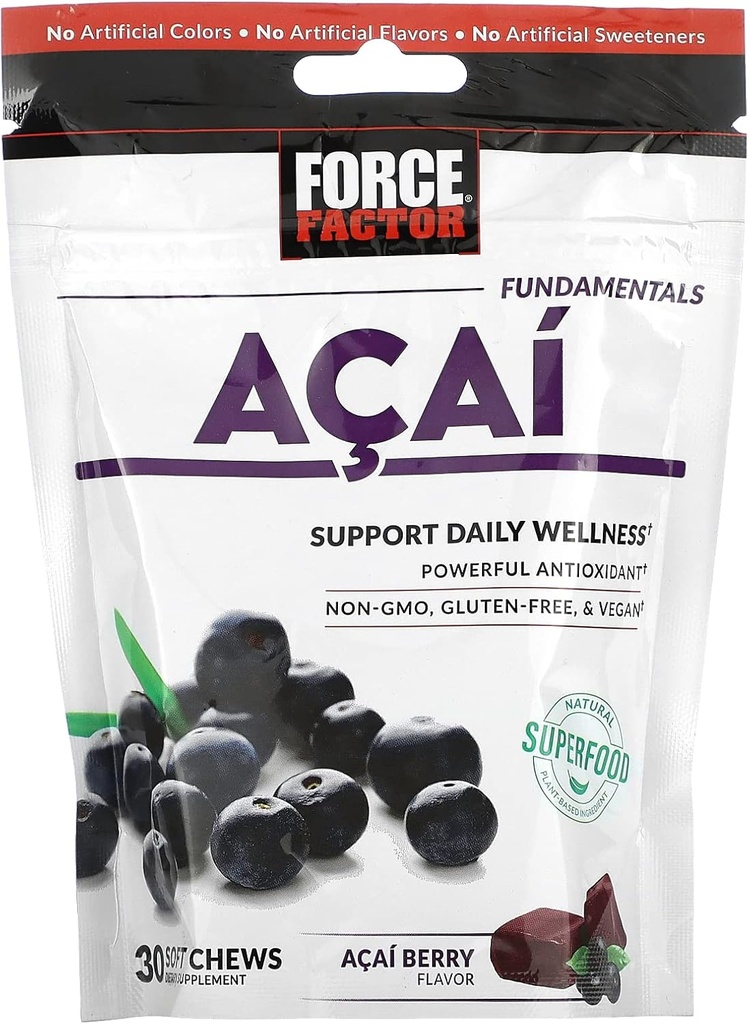 Force Factor Acai Soft Chews for Immune Support, Oxidative Stress Defense, and Daily Wellness, Superfood and Antioxidants Supplement, Non-GMO, Gluten-free, and Vegan, Acai Berry Flavor, 30 Μαλακά Μασούρια