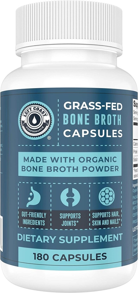 Grass-Fed Broth Κάψουλες με κολλαγόνο από οργανική σκόνη βρόχων οστών. Συμπλήρωμα κολλαγόνου για νύχια, μαλλιά, αρθρώσεις και Digestive Health* Υποστήριξη. Φιλικά συστατικά εντέρου, 180 κάψουλες